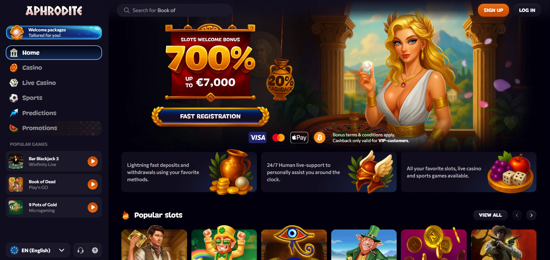 Aphrodite Casino lobby — 700% welcome bonus, slots and live casino